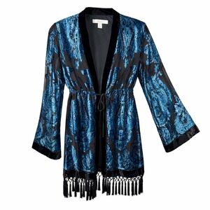 Boston Proper Blue Paisley Velvet Burnout Kimono Robe Tassel Fringe XS